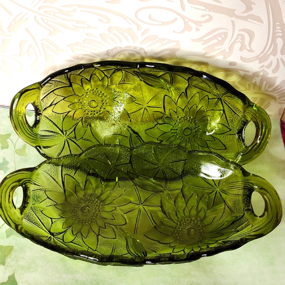 Set of 2 Indiana Glass Oval Relish Dish Olive Depression Glass with Open Handles - Picture 1 of 7